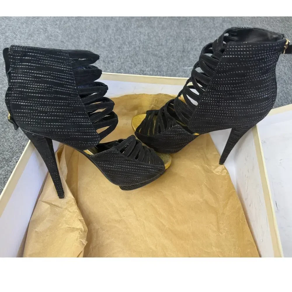 Burak Uyan Heels Women 40 US 9.5 Black Leather Cage Platform Made In Italy NEW